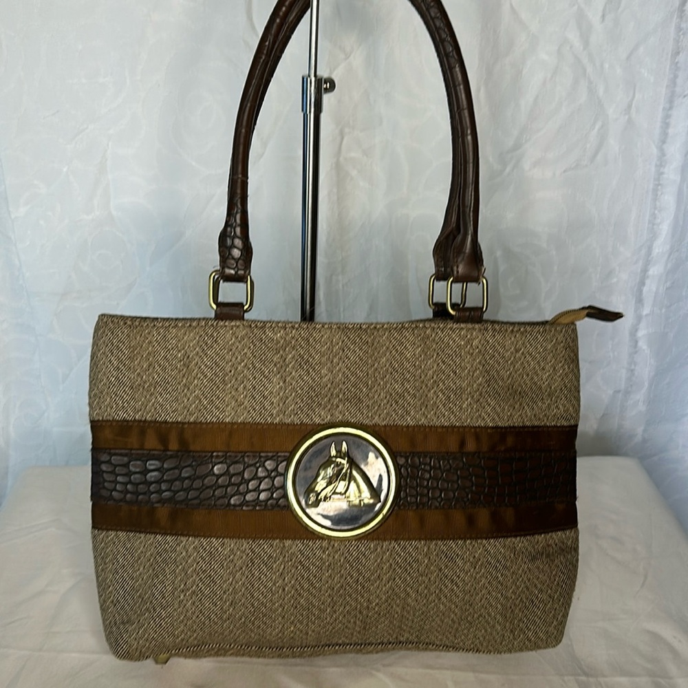 BRACIANO brown herringbone fabric satchel handbag w/ horse head accent on front